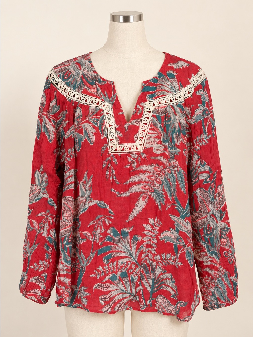 LOFT Large Red Teal Floral Paisley 100% Cotton Lace Trim Boho Blouse